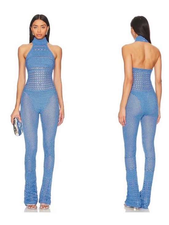 Retrofete Pants - Retrofete Sky Blue Crochet Halter Jumpsuit